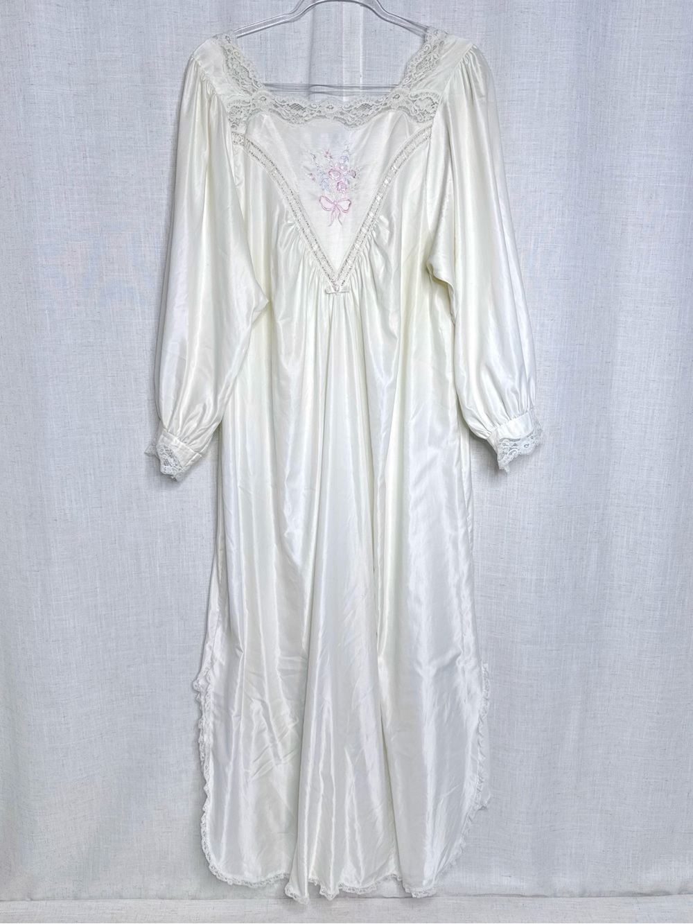 Vintage Christian Dior Satin Lace Embroidered Maxi Nightgown Ivory Size L